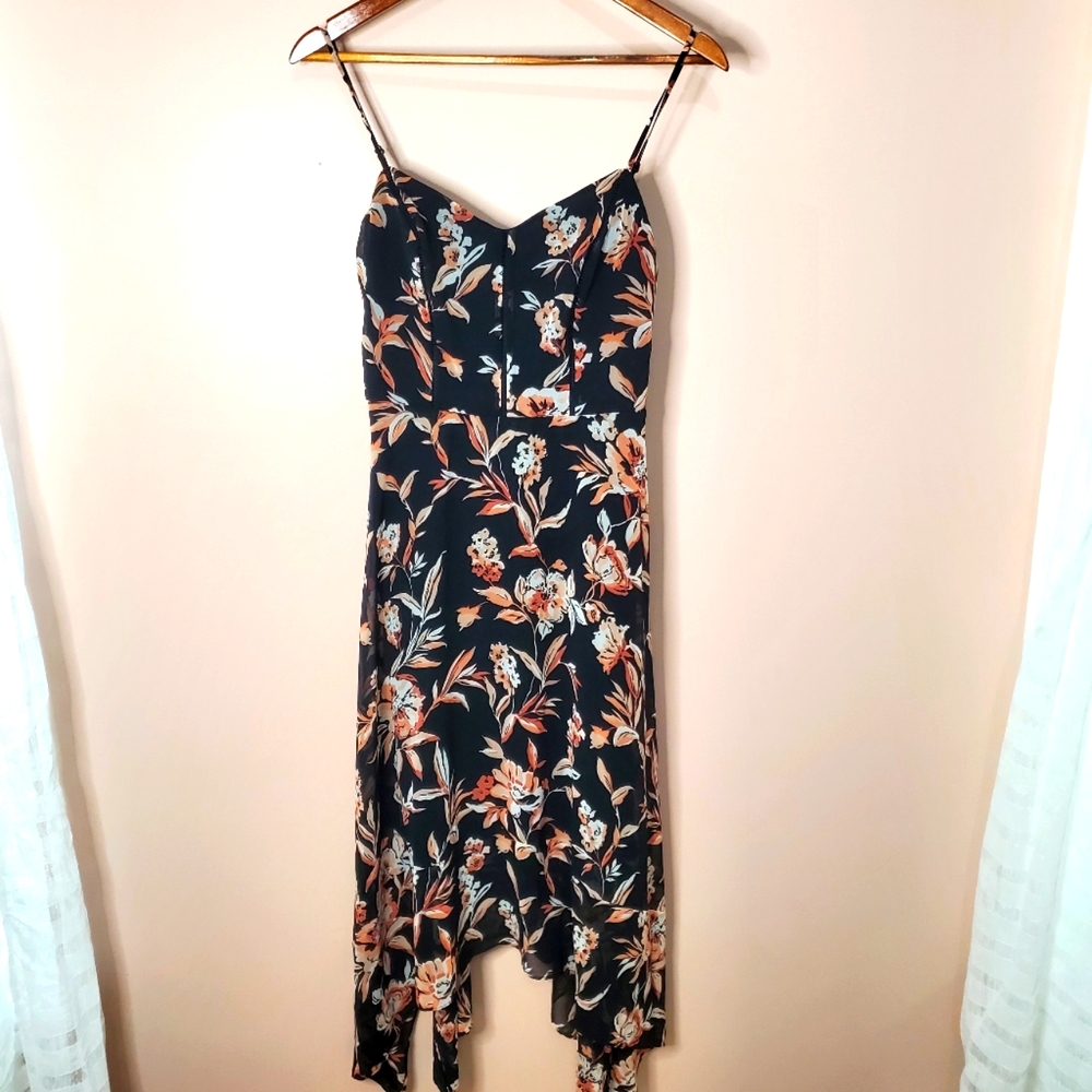 White House Black Market Black Floral Asymmetrical Handkerchief Hem Dress Size 4